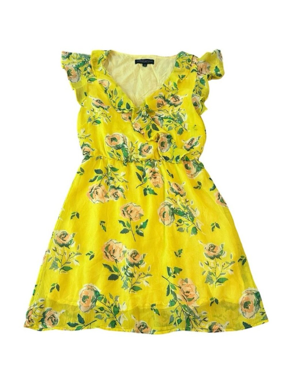 Y2K Aeropostale Prince and Fox Dress Womens M Yellow Floral Ruffle Surplice Midi